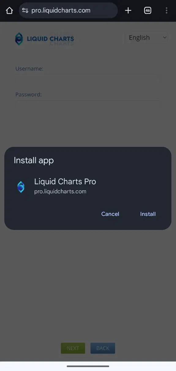 Android install prompt for Liquid Charts Pro displayed in Chrome.