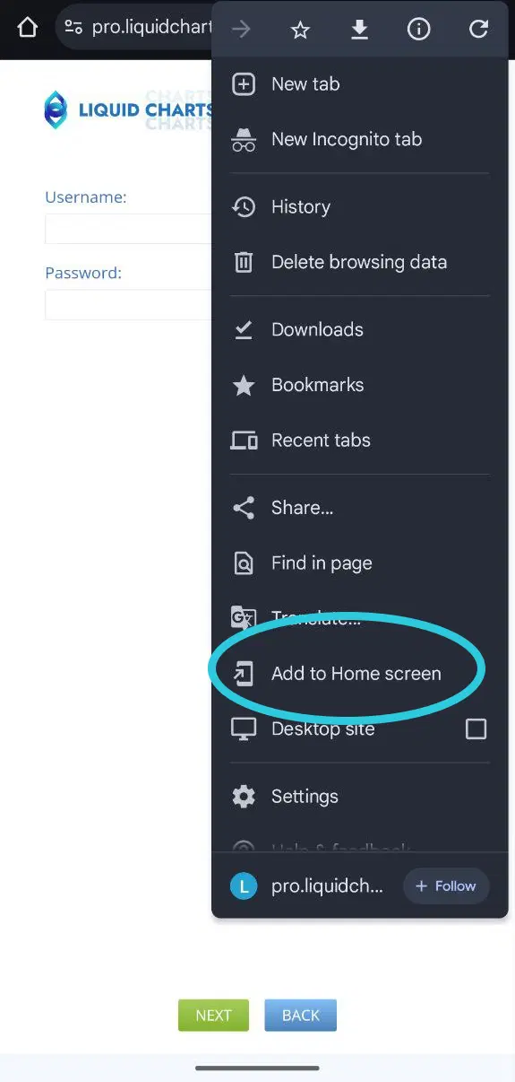 Chrome menu open on pro.liquidcharts.com with Add to Home screen highlighted.